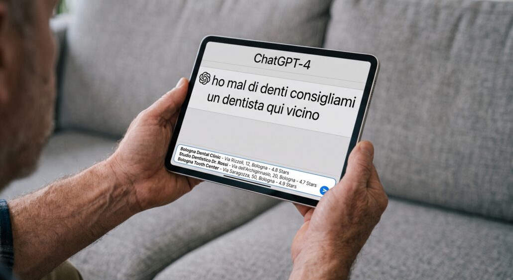 AI search per studi dentistici: paziente che chiede a un assistente AI quale dentista scegliere